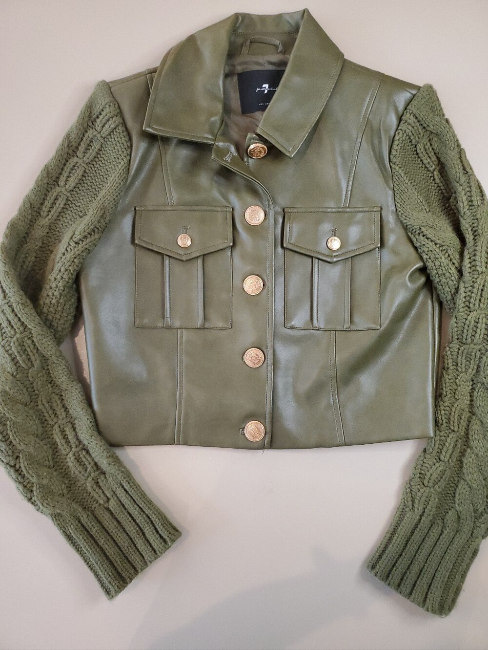 7 For All Mankind Olive Green Faux Leather Jacket- Cable Knit Sleeves Women's XS